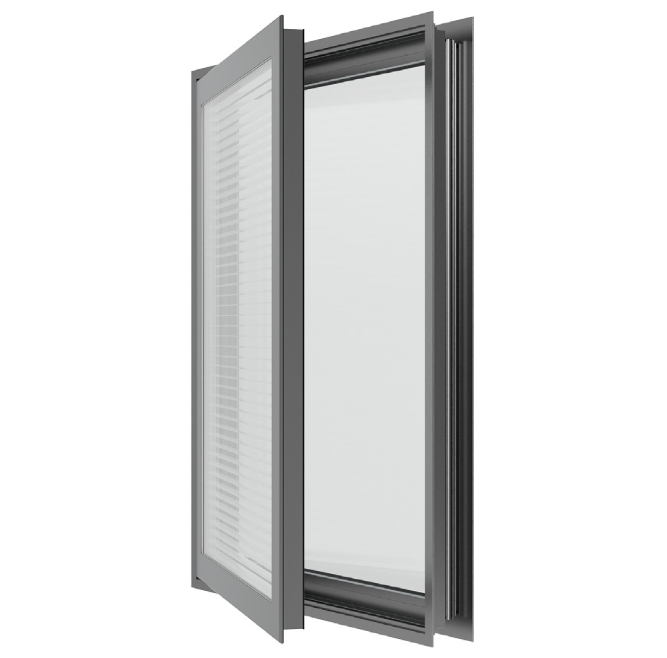 WINCO Series 8800 complete window with its interior impact sash open, showing the exterior glazing behind it