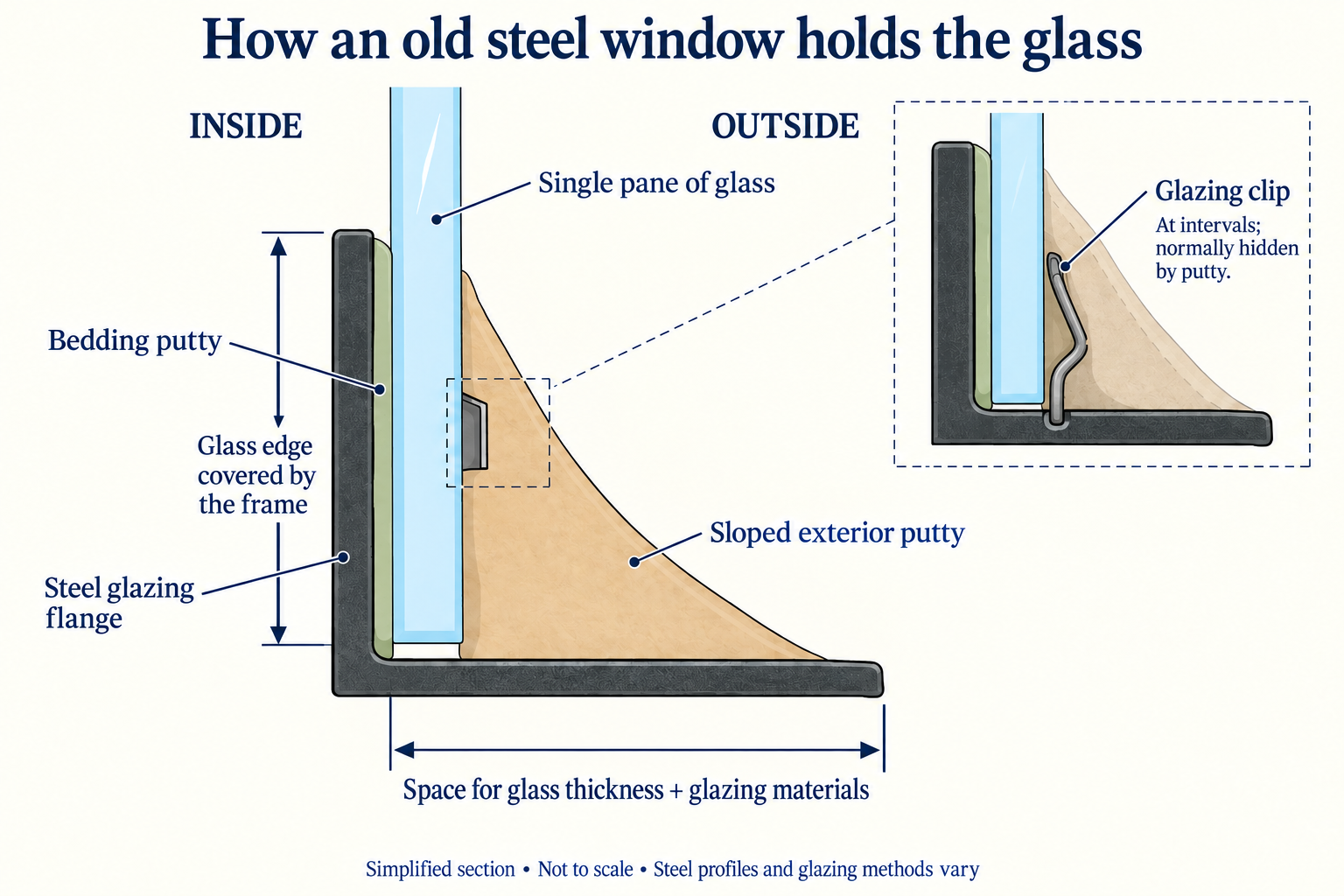 Illustrated section showing how a historic steel window holds glass with bedding putty, glazing clips, and sloped exterior putty
