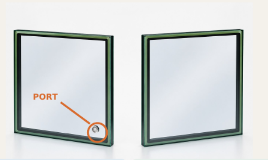A typical vacuum glass unit with a visible evacuation port beside a port-free Vacuum Glass unit with a clean surface